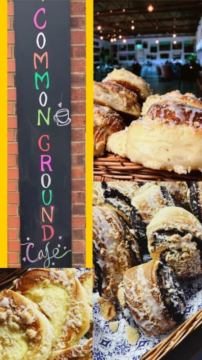 The hand-painted Common Ground Café sign, and freshly baked pastries