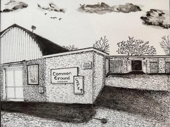 Pen-and-ink drawing of the Common Ground building